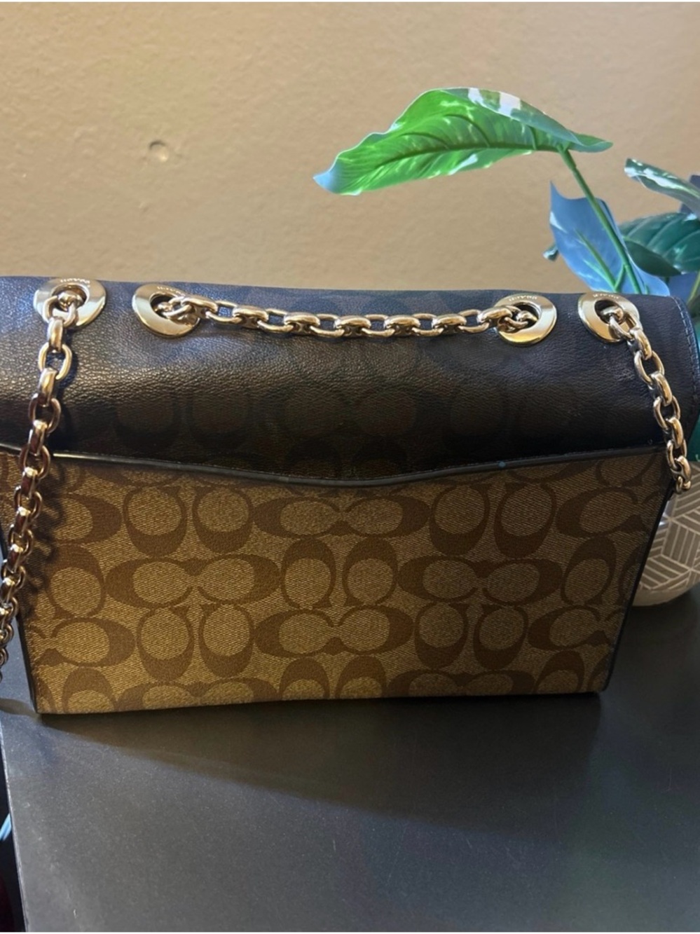 Coach Brown Signature Canvas Shoulder Bag with Black Trim and Gold Chain